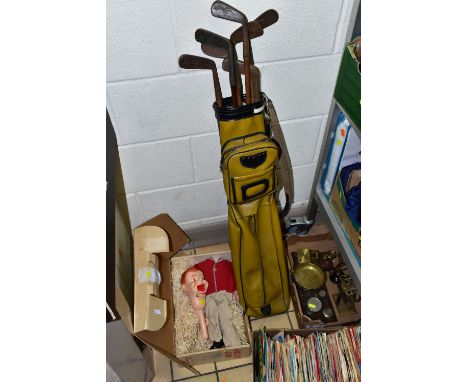 THREE BOXES OF SINGLE RECORDS AND VINTAGE GOLF CLUBS, to include approximately two hundred 1950's single records comprising a