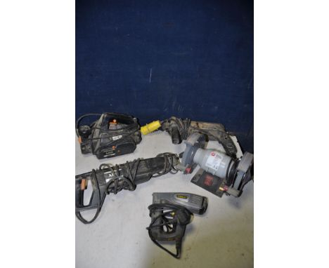 A SELECTION OF POWERTOOLS to include a Performance Pro PP150BG bench grinder, Black and Decker PBD-20 drill, AEG SSPE electri