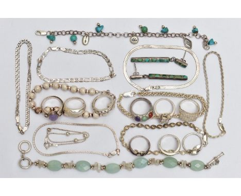 A BAG OF ASSORTED SILVER AND WHITE METAL JEWELLERY, to include a silver ball beaded bracelet fitted with a lobster clasp, hal
