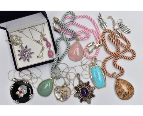 ASSORTED SEMI PRECIOUS GEMSTONE PENDANT NECKLACES, to include a large rose quartz pendant,  aventurine pendant, and a jasper 