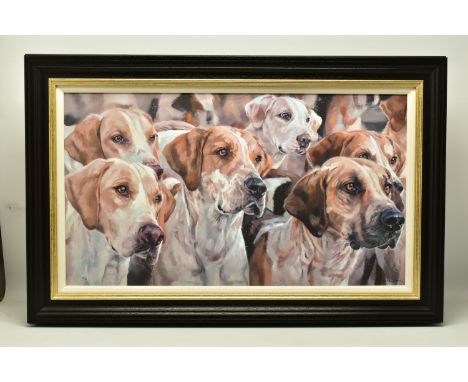 DEBBIE BOON (BRITISH CONTEMPORARY) 'AWAITING COMMAND', a signed limited edition print depicting a pack of hounds, 88/95 with 