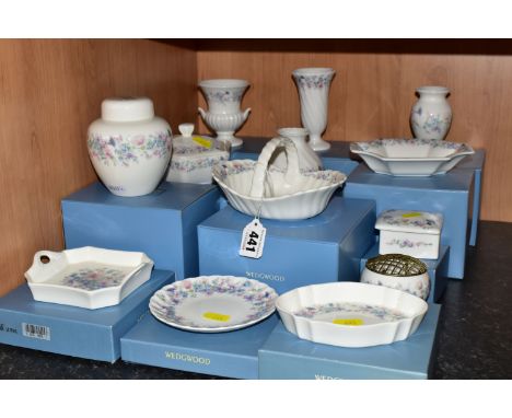 TWELVE BOXED WEDGWOOD 'ANGELA' PATTERN PIECES OF GIFTWARE, comprising a Templeton tray, Albany tray, square trinket pot, tray