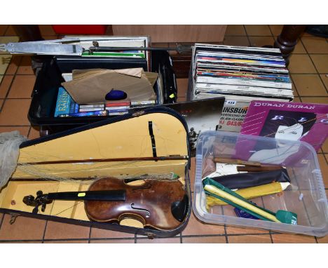 THREE BOXES OF LP RECORDS AND MUSICAL INSTRUMENTS, to include a cased violin, music stand, three recorders, piano tuning fork