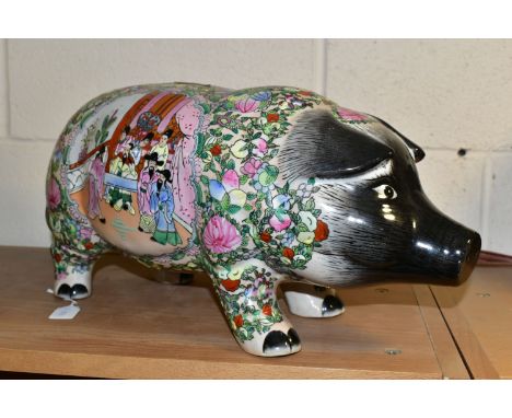 A LARGE CHINESE ROSE MEDALLION STYLE PIGGY BANK,  with black plastic stopper, red printed mark to the base, length 45cm x hei