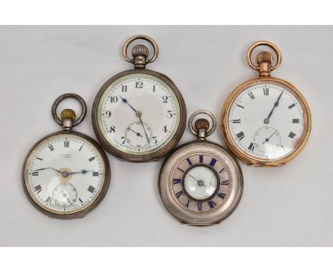 FOUR POCKET WATCHES, to include a gold plated open face pocket watch, manual wind, white dial with Roman numerals, subsidiary