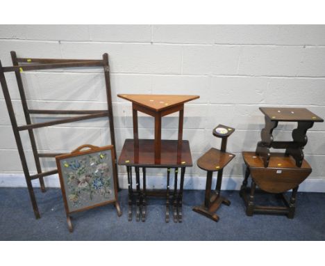 A SELECTION OF OCCASIONAL FURNITURE, to include a mahogany nest of three tables, oak drop leaf occasional table, trestle stoo