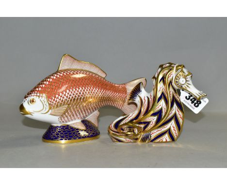 TWO ROYAL CROWN DERBY PAPERWEIGHTS, comprising a Seahorse, height 10cm, (marked as second quality, missing stopper) and a Gol