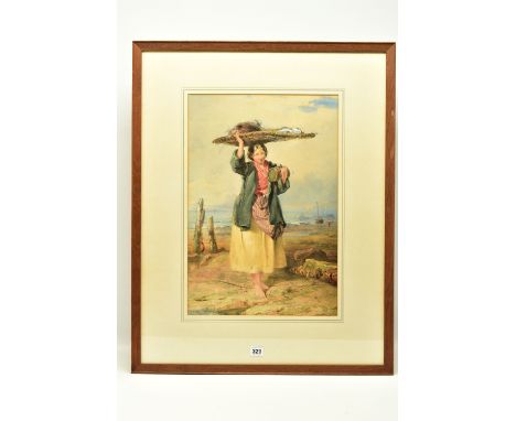 JOHN HENRY MOLE (1814-1886) 'FISHER GIRL', a portrait of a female figure in a coastal setting, she is holding a wicker tray c