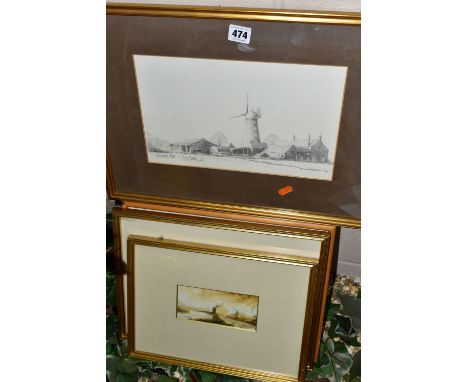 FIVE DECORATIVE PICTURES AND PRINTS ETC, comprising two Tony Malton pencil sketches with a sepia wash and a pencil sketch of 