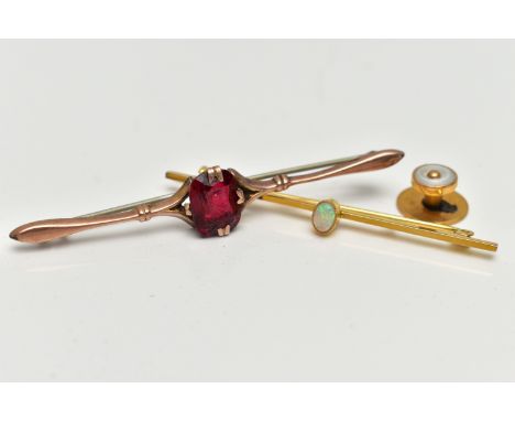 TWO BAR BROOCHES AND A DRESS STUD, to include a polished yellow metal bar brooch set with an oval opal cabochon to the centre