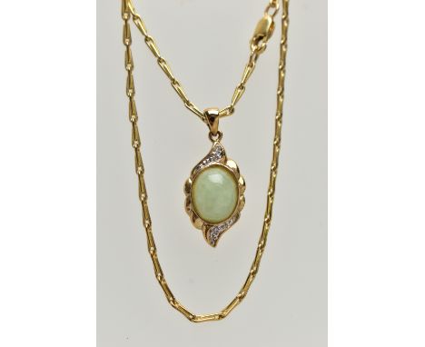 A 9CT GOLD JADE AND DIAMOND PENDANT NECKLACE, the pendant set with an oval cut jade cabochon, collet set to a single cut diam