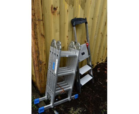 AN ALUMINIUM PLATFORM LADDER fourfold to make a platform, A frame steps, full ladder and step off ladder along with a pair of