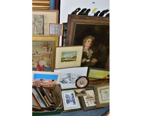 TWO BOXES AND LOOSE PAINTINGS AND PRINTS ETC, to include a watercolour river landscape signed J. Ward 1959, Samuel and Nathan