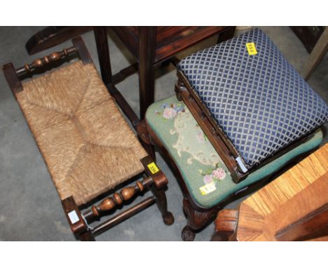 		A tapestry stool, a rush stool and another