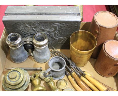 		Sundries to include Georgian cutlery, opera glasses, hunting cups, pewter box, brass weights etc.