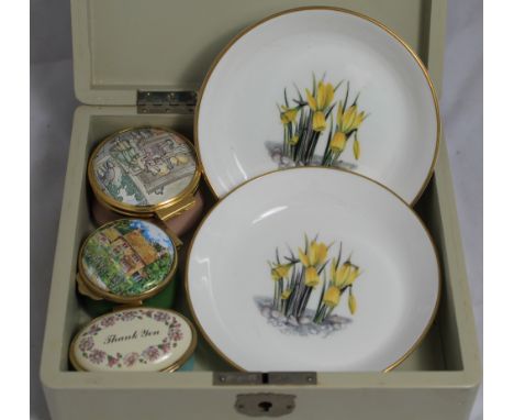 		Three enamel boxes, thimbles and two Royal Worcester pin dishes