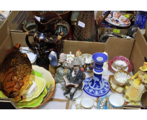 		A collection of ceramics with a pressed amber glass fish decanter