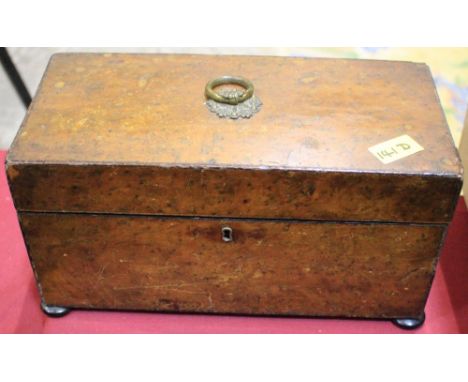 		A Regency burr walnut tea caddy, of rectangular form, the lid with brass ring patera handle, the interior with two caddies 