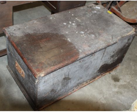 		A pine food cupboard, wood crates, firescreen, perambulator and a pine chest