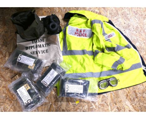 Vintage RAF Police Dog Hi-Vis jacket, 5 sealed packs of Army issue camo and green MKII smock and trousers, goggles, 1974 gasm
