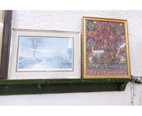 Signed artist proof by Terence Cuneo "The Finger Of Frost"1/500 labelled verso and sold with a tapestry embroidered classical
