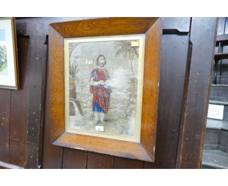 Framed tapestry picture of a classical gentleman holding a dog