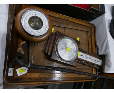 Vintage oak trays, walking stick barometer