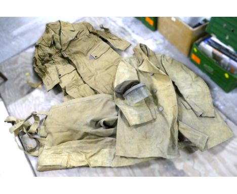 WWII British Army Dispatch Riders ruberised waterproof coat dated 1942 size 2. Gaiters BMC 9T7567, and a shorter jacket marke