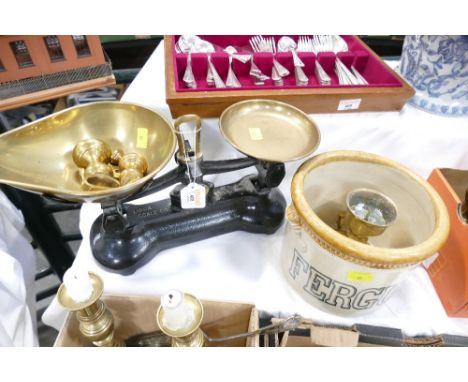 Libra Scale Company scales and weights, Ferguson stoneware crock, candlestick 