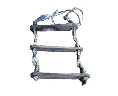 Set of hanging wooden and rope 3 step boat ladder.