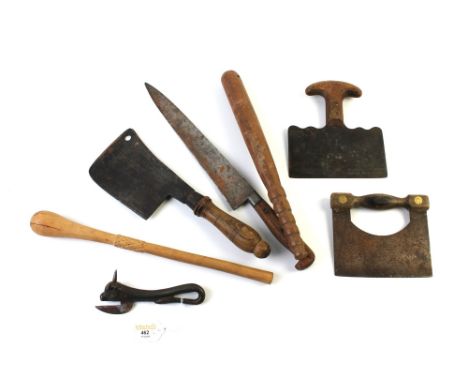 Quantity of vintage kitchenware to include a bull tin opener, White House & Sons of Cannock meat cleaver etc  This bladed pro