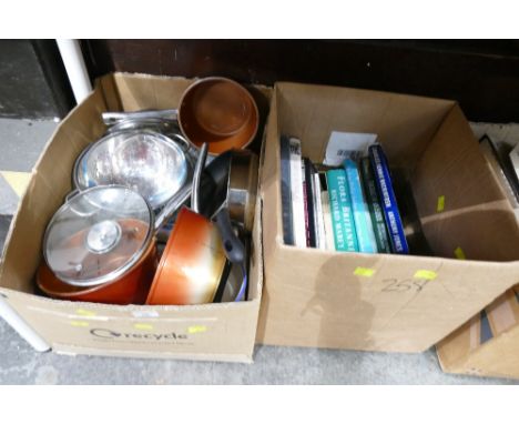 Box of kitchen cookware and other containing various interest books 