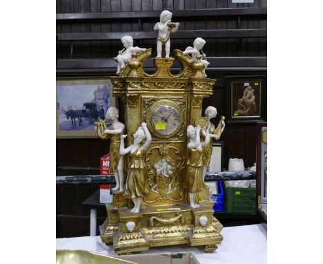 Ornate continental style reproduction clock decorated with cherub and lute playing maidens