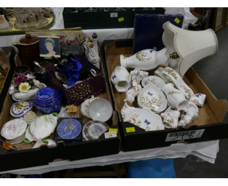 Two boxes of ceramic household items - Aynsley Cottage Garden trinkets, lamp, coffee pot, nik naks etc