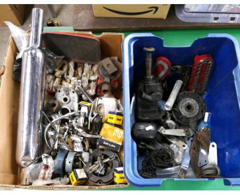 2 Boxes of motorcycle parts / auto jumble including: Albion, RHP, Self Lube, Lucas, Amal etc.