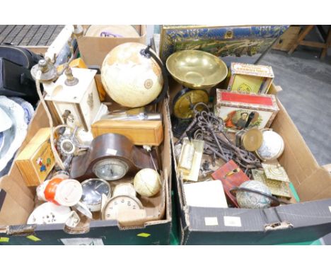 Vintage car boxes, metal keys, mantel clock, vintage phone, globe etc