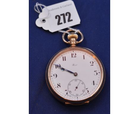 A 9ct. yellow gold cased open-faced pocket watch by Reid & Sons, the white enamel arabic dial with subsidiary seconds apertur