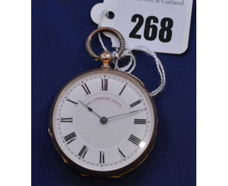A 14ct. yellow gold cased open-faced standard lever fob watch, white enamel roman dial, fitted crown wound movement, in a cas