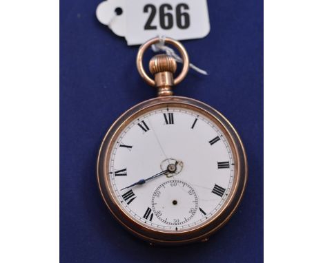 A 9ct. yellow gold cased open-faced pocket watch, white enamel roman dial with subsidiary seconds aperture, fitted a crown wo
