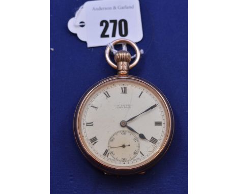 A 9ct. yellow gold cased open-faced pocket watch by J.W. Benson, London, white enamel roman dial with subsidiary seconds aper