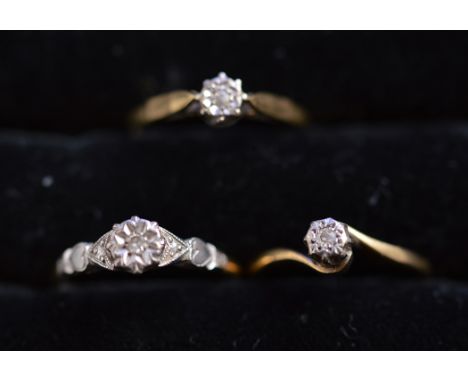 Three single-stone diamond rings, in illusion settings, on 18ct. yellow gold shanks, ring sizes K-L, 6.2grms gross.