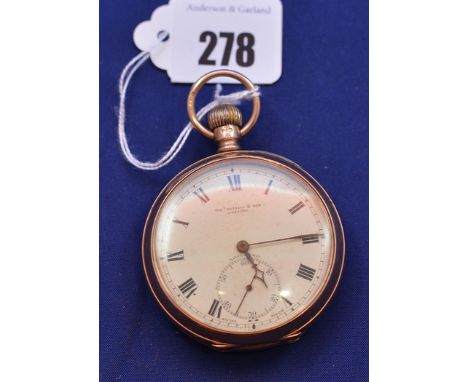 A 9ct. yellow gold cased open-faced pocket watch by Thomas Russell & Son, Liverpool, the white enamel roman dial with subsidi