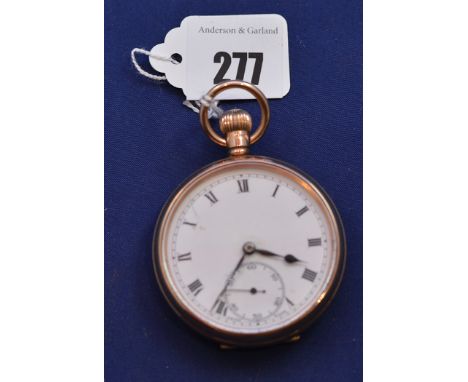 A 9ct. yellow gold cased open-faced pocket watch, white enamel roman dial with subsidiary seconds aperture, fitted crown woun