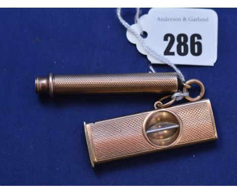 A 9ct. yellow gold mounted cigar cutter with engine turned decoration; together with a yellow metal extending propelling penc