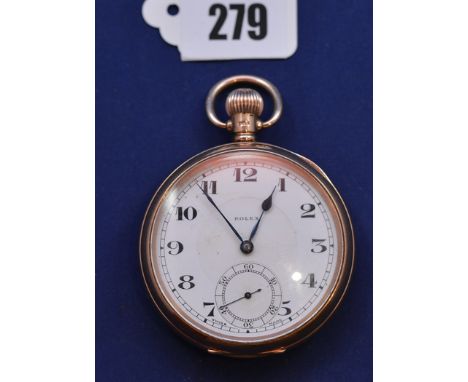 A 9ct. yellow gold cased open-faced pocket watch by Rolex, the white enamel arabic dial with subsidiary seconds aperture, fit