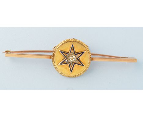 A diamond, enamel and yellow metal bar brooch, the central roundel set old cut diamond, estimated to weight 0.25 carats, surr