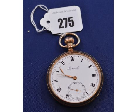 A 9ct. yellow gold cased open-faced pocket watch by Federal, white enamel roman dial with subsidiary seconds aperture, fitted
