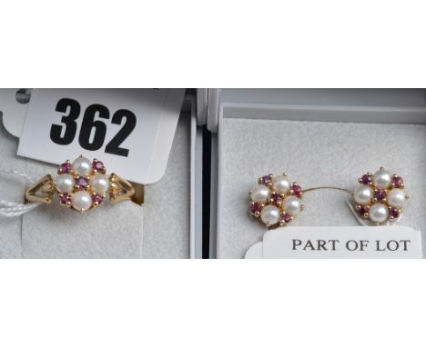 A cultured half pearl and ruby cluster ring and matching stud earrings, in 9ct. yellow gold, ring size O.