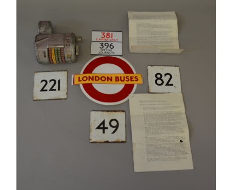 London Transport enamel E-plates for services 49, 82 & 221, plastic type E-plate for services 381/396, 2 sets of instructions