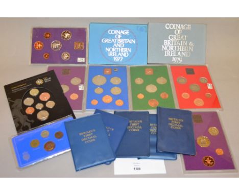 Royal Mint coin sets: Emblems Of Britain, 3x 1980, 1977, 1975, 1981, 1977, 1979, 1952 and 5 'Britains First Decimal Coin' set